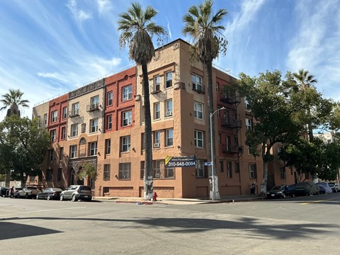 A tall building with a red brick facade and a palm tree in front of it.