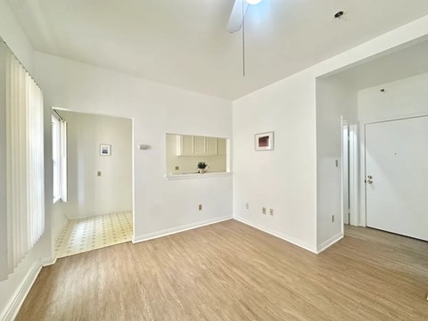 A room with white walls and wooden flooring.