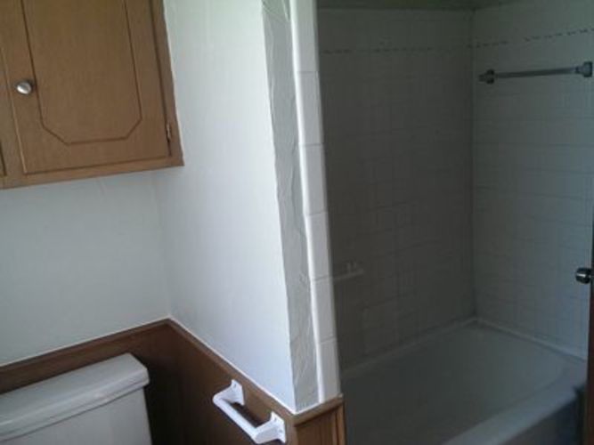 A white toilet with a wooden cabinet above it.