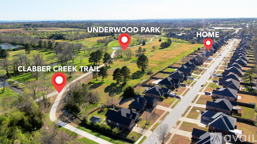 An aerial view of a neighborhood with Underwood Park and Clabber Creek Trail marked.