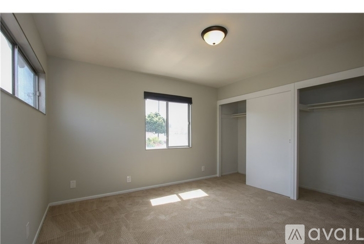 A spacious room with a window and a carpeted floor.