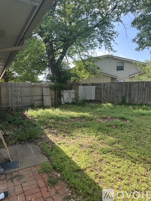 A backyard with a fence and a tree.