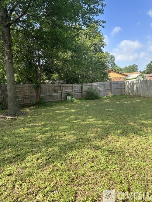 A backyard with a wooden fence and a tree.