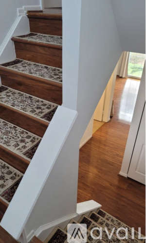 A staircase with a carpeted runner and wooden steps.