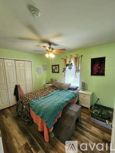 A bedroom with a bed, dresser, and ceiling fan.