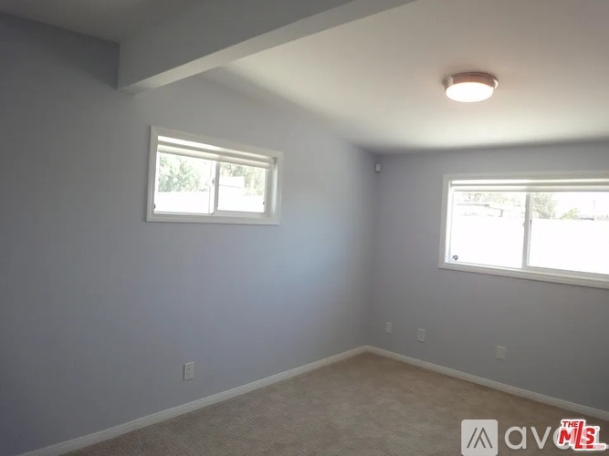 A room with two windows and a carpeted floor.