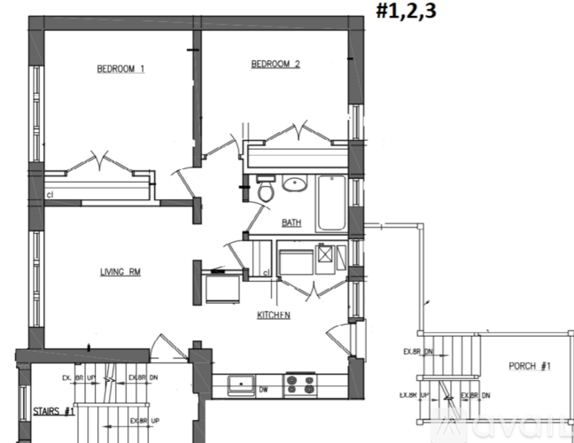 A drawing of a house plan with three bedrooms and a porch.