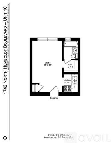A floor plan for a one bedroom apartment at 1742 North Humboldt Boulevard, Unit 10.