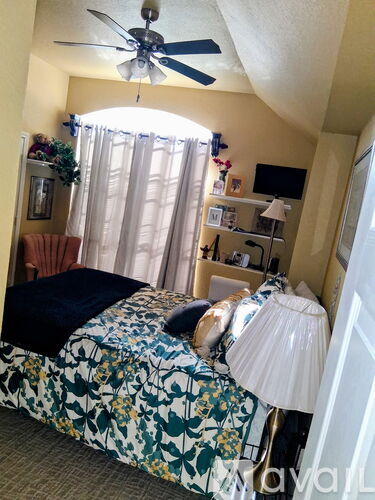 A bedroom with a bed, a ceiling fan, and a window with curtains.