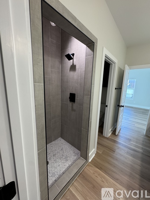 A bathroom with a walk-in shower and a wooden floor.