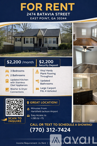 A rental advertisement for a property at 2474 Batavia Street, East Point, GA 30344, offering a security deposit of $2,200 and a monthly rent of $