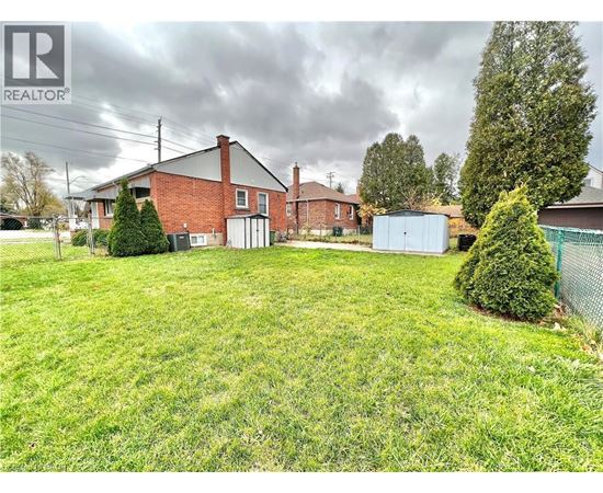 A large grassy yard with a house and a shed in the background.