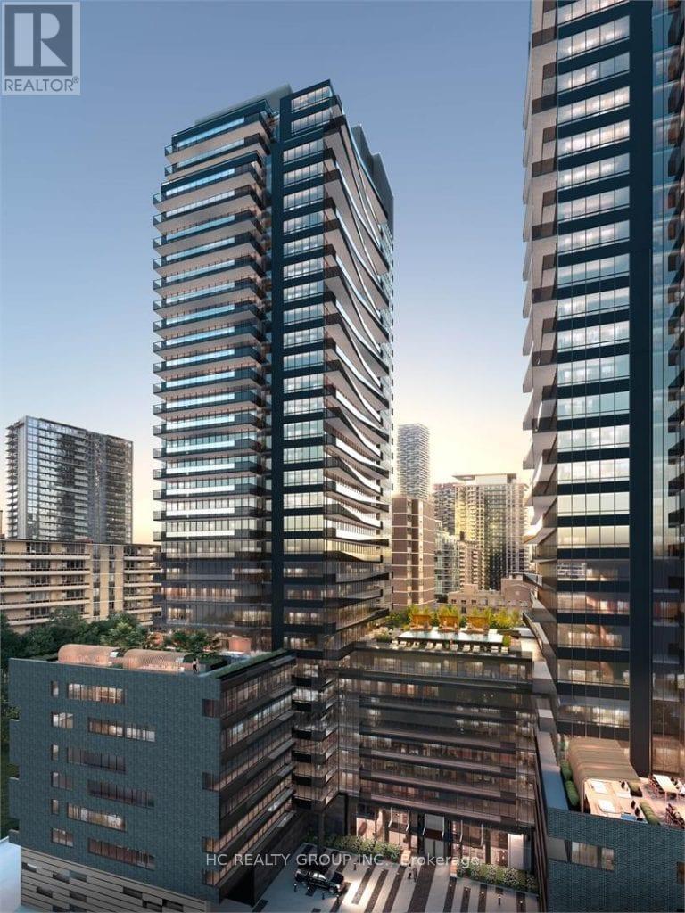 A modern cityscape with tall buildings and a green rooftop garden.