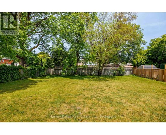 A backyard with a fence and trees.