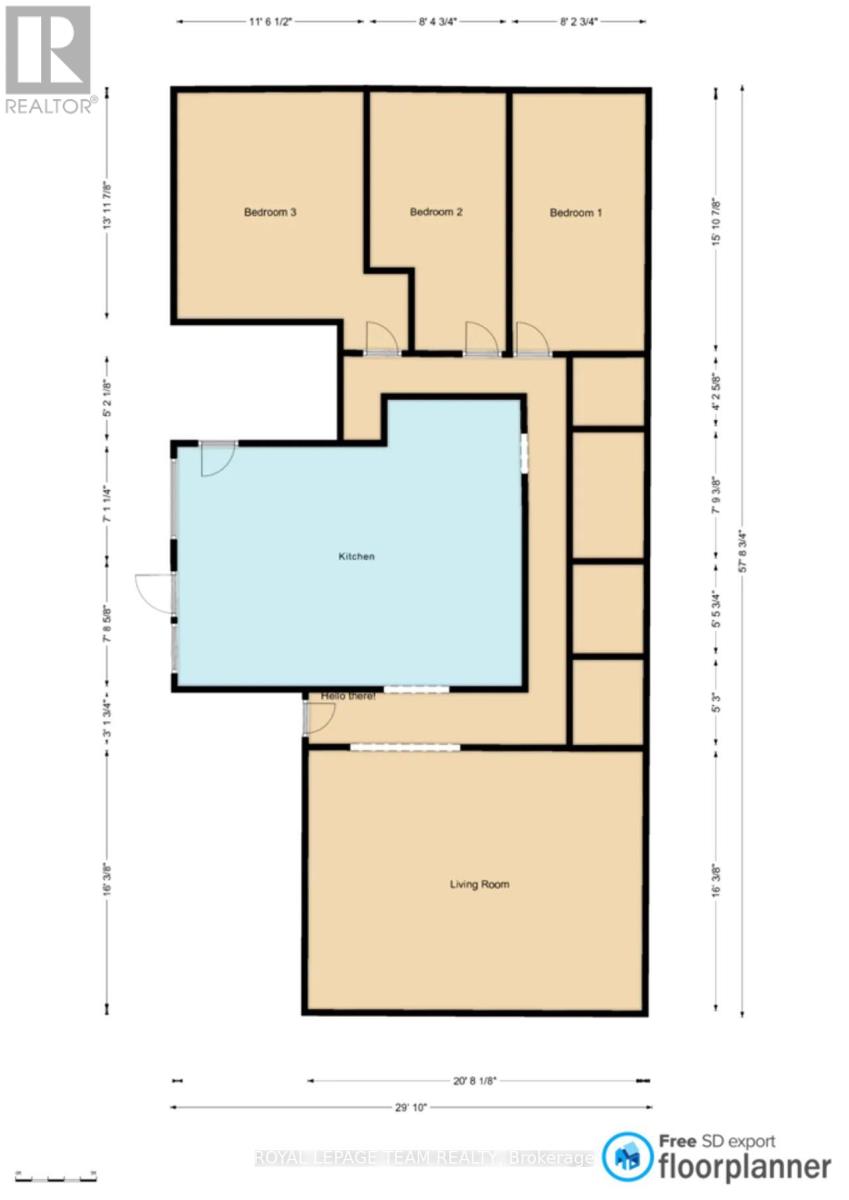 A floor plan for a home with three bedrooms and a living room.