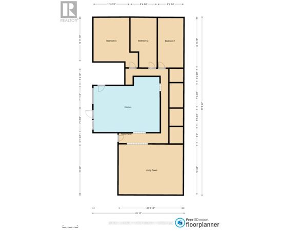 A floor plan for a home with three bedrooms and a living room.