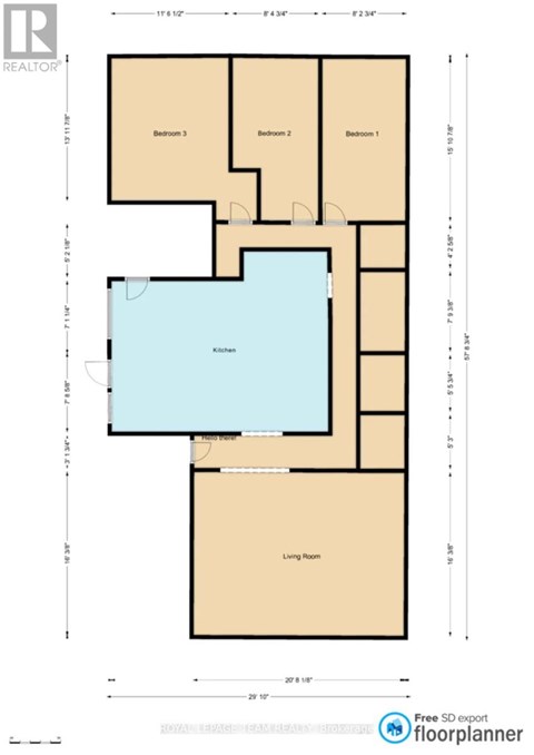 A floor plan for a home with three bedrooms and a living room.