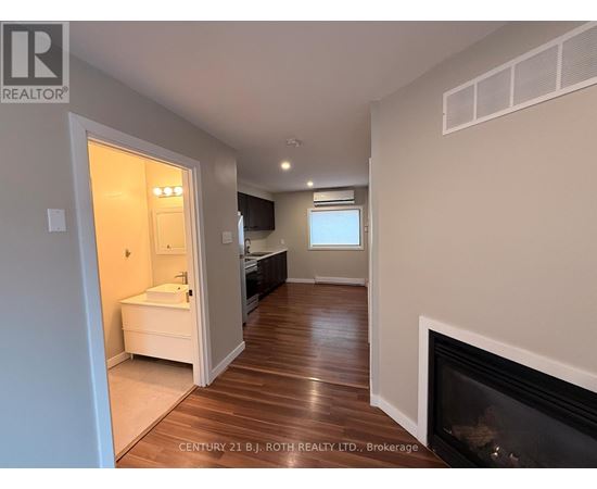 A bathroom with a fireplace and a window.