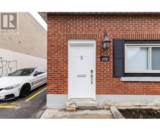 A white car is parked in front of a building with a sign that reads "RE/MAX Pallmark Realty Group Brokerage.".