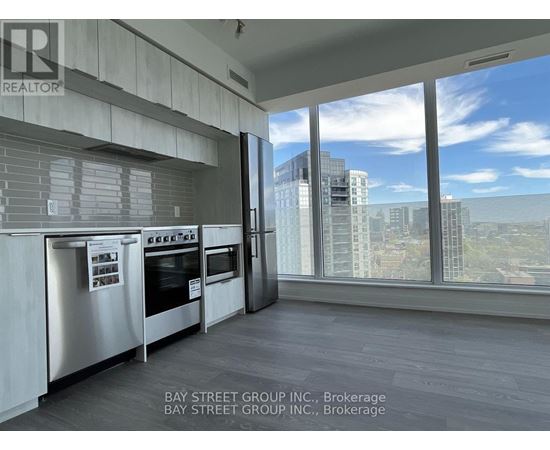 A modern kitchen with a view of the cityscape outside the window.