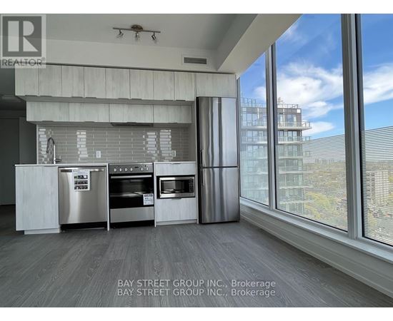 A modern kitchen with a view of the cityscape outside the window.