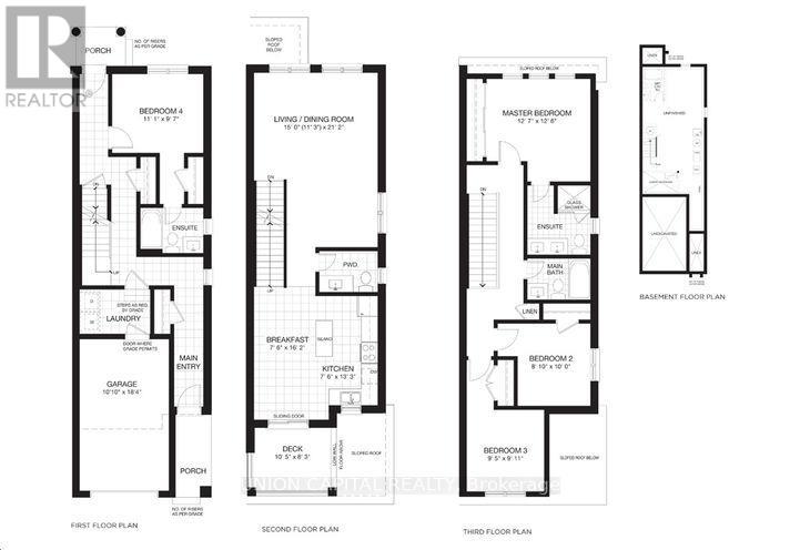 A set of three black and white floor plans for a house.