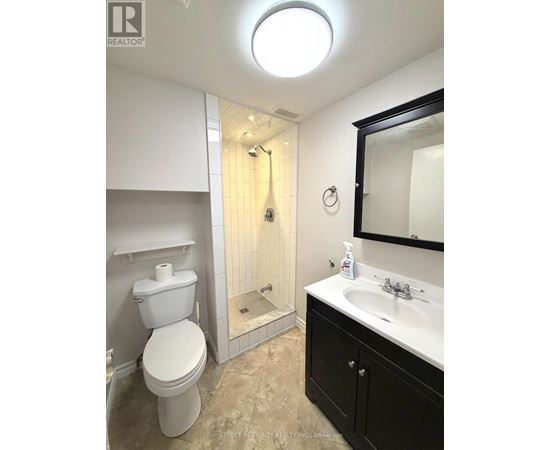 A white toilet is in a bathroom with a black cabinet.