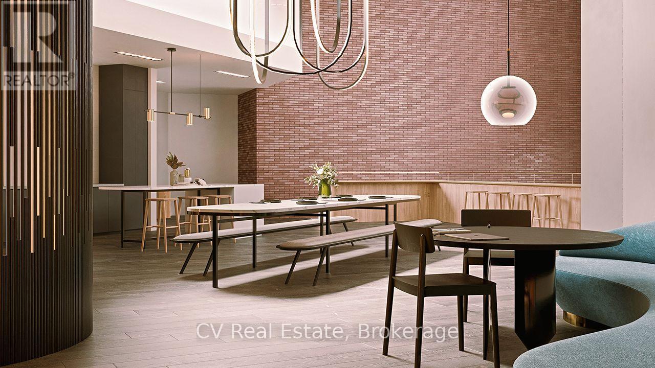 A modern dining room with a table set for four.