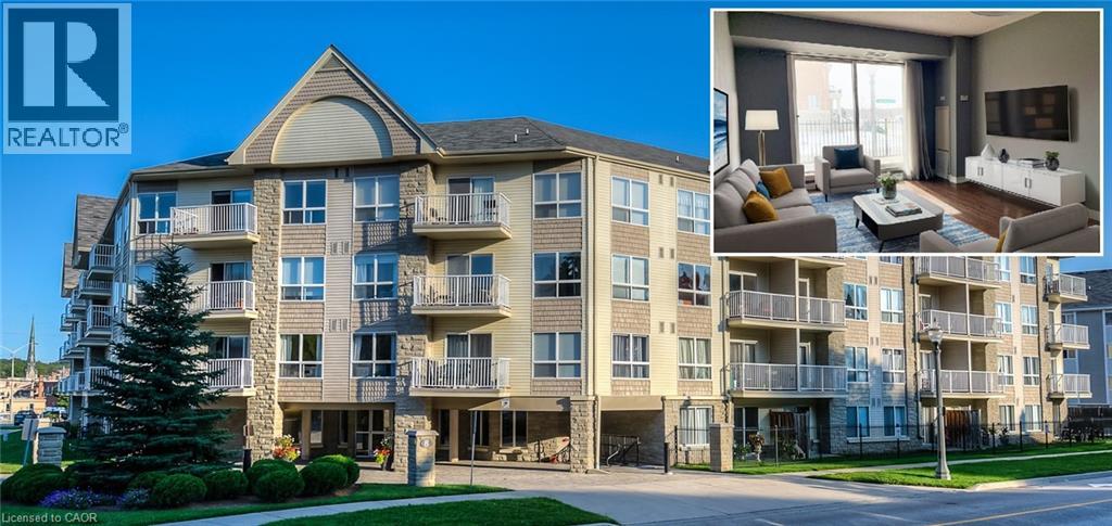 A real estate company showcases a large, multi-story apartment building with a balcony and a living room interior.
