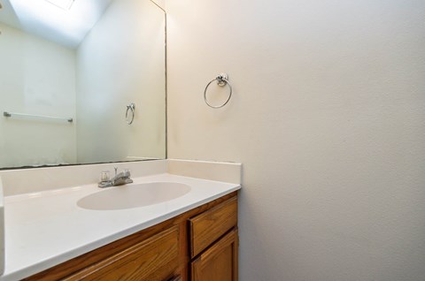 A bathroom with a sink and mirror.