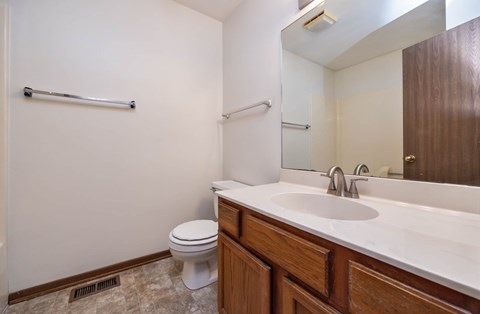 A bathroom with a toilet, sink, mirror, and grab bars.