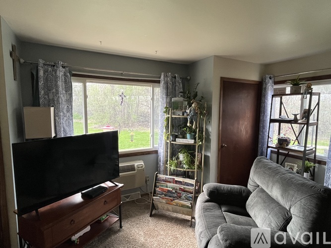 A living room with a television, a grey sofa, and a glass display cabinet.