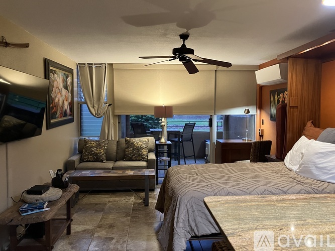 A bedroom with a bed, a couch, a ceiling fan, and a television.