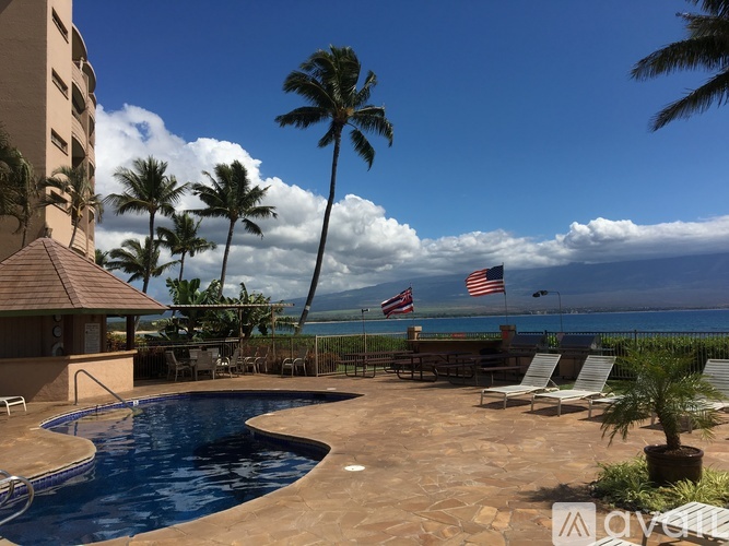 A pool area with chairs and palm trees.