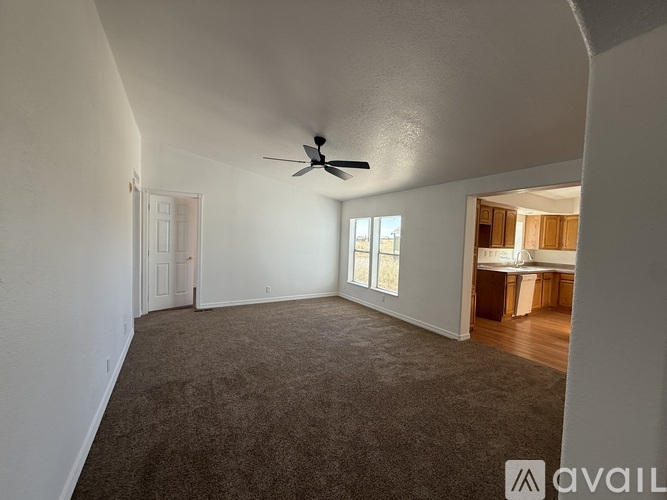 A spacious room with a ceiling fan and carpeted floor.
