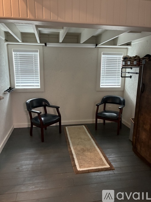 Two chairs are placed in a room with a rug in between.
