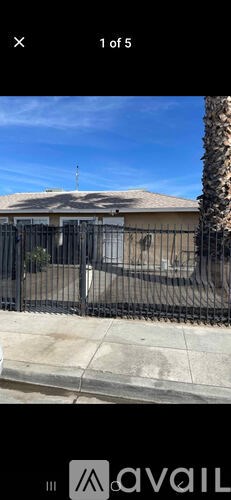 A house with a black fence and a palm tree in front.