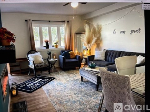 A living room with a black couch, a chair with a fluffy back, and a rug with a geometric pattern.