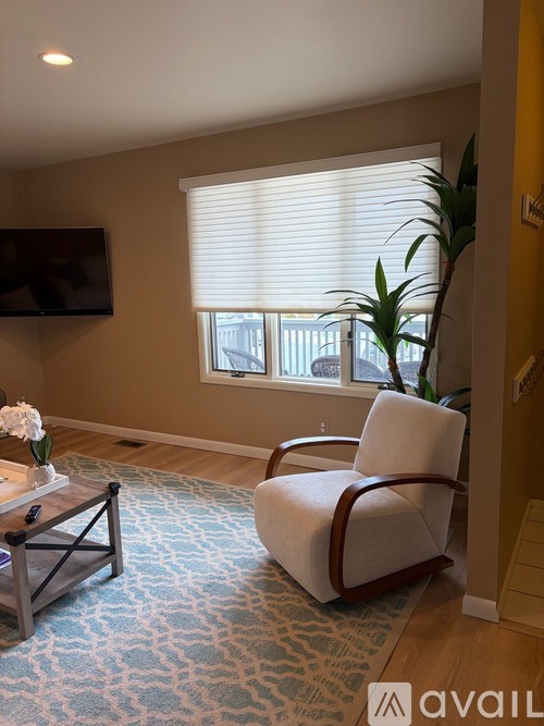 A living room with a white chair and a blue patterned rug.