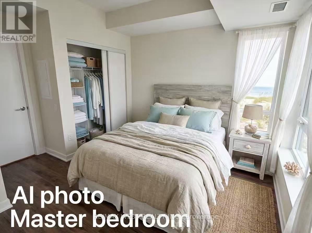 A bedroom with a large bed and a window with curtains.