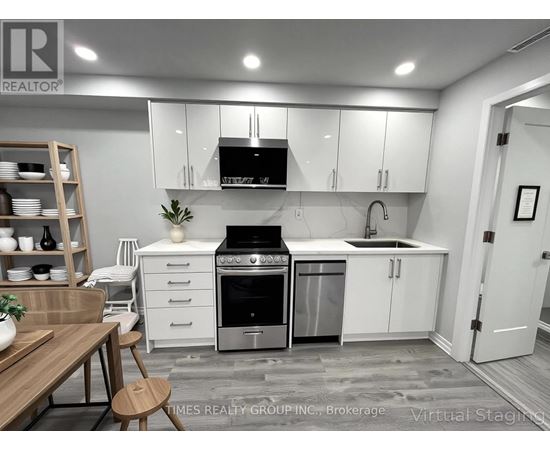 A modern kitchen with white cabinets and stainless steel appliances.