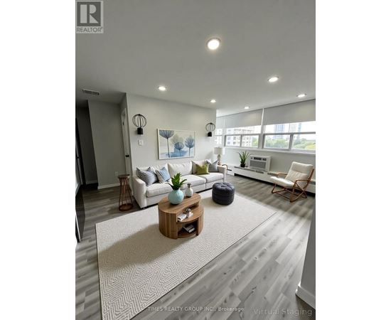 A living room with a white couch, a wooden coffee table, and a rug.