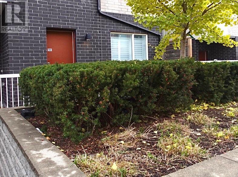 A small tree is in front of a grey building.
