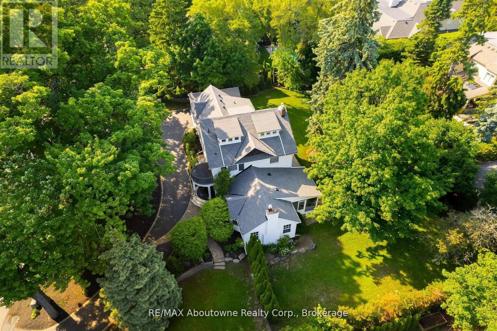 A bird's eye view of a house surrounded by trees.