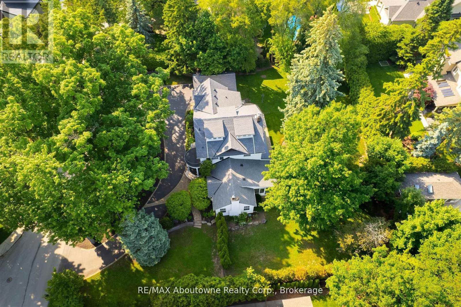 A bird's eye view of a house surrounded by trees.