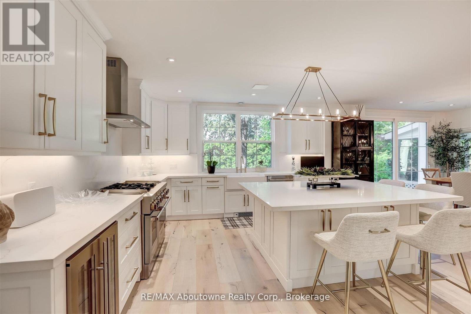 A modern kitchen with white cabinets and a central island.