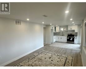 A well-lit, empty room with a rug on the floor and a kitchen area visible through the door.