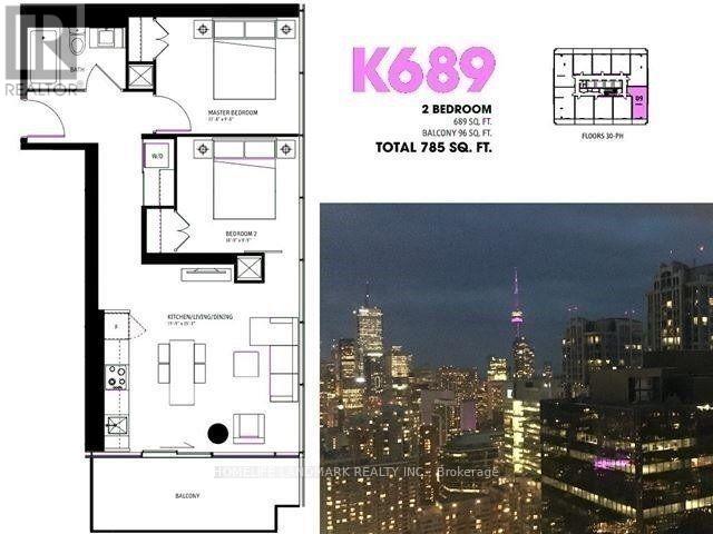 A floor plan for apartment K689 with 2 bedrooms and a total area of 785 square feet.