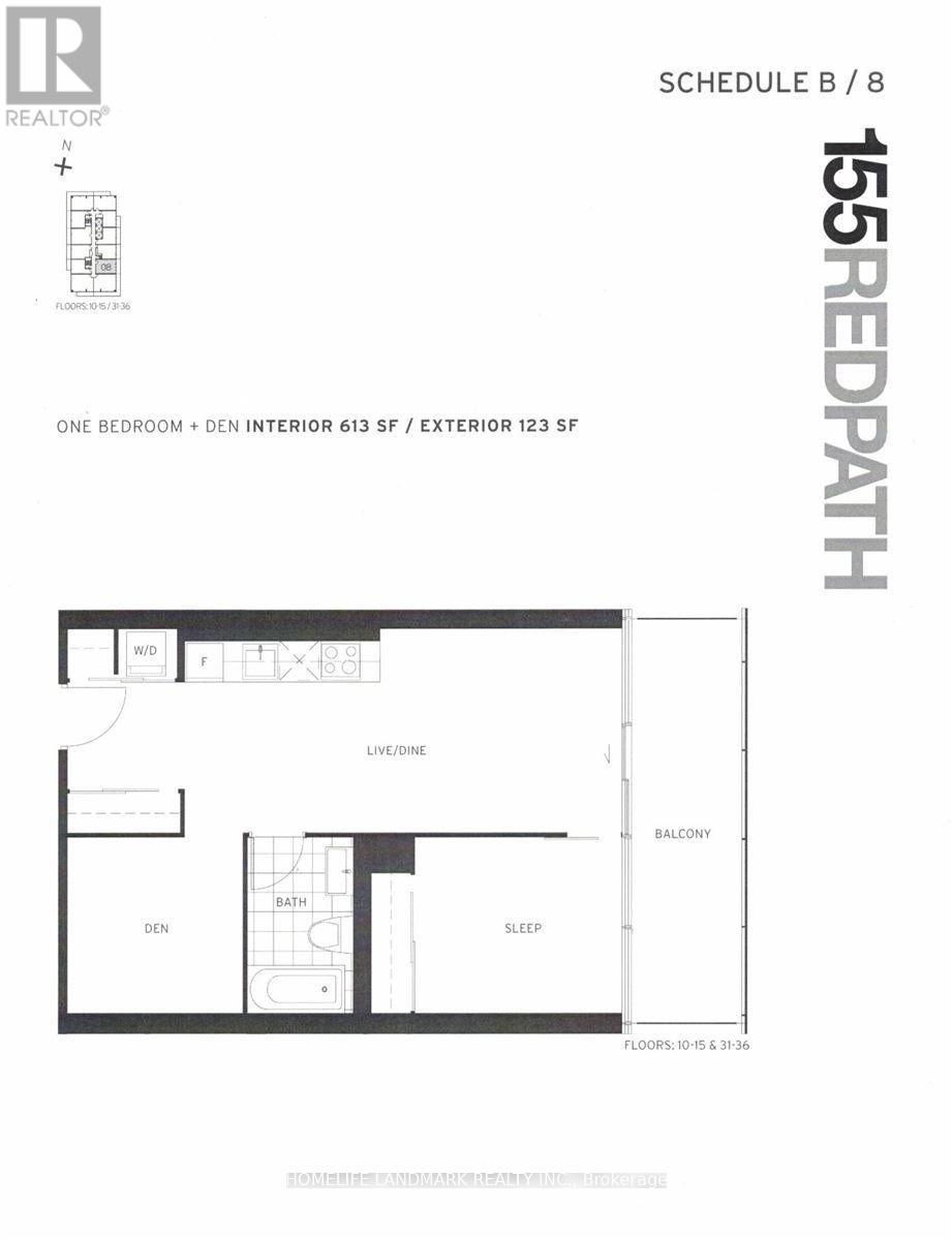 A floor plan for an apartment with one bedroom and den interior at 613 square feet and exterior at 1233 square feet.