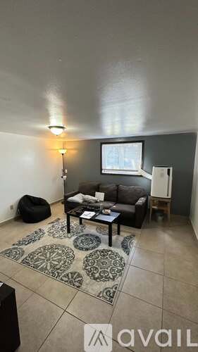 A living room with a black couch, a coffee table, and a rug.